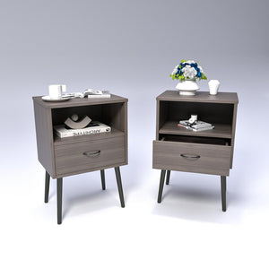 English Elm Two Grey Oak Nightstands with Drawer and Open Shelf for Modern Bedroom Spaces W578108566