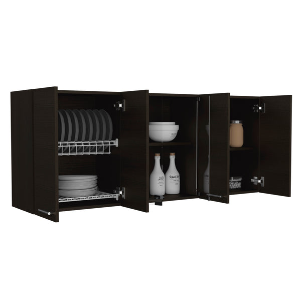 English Elm Wall 24" H Four-Door Wall-Mounted Cabinet with Two Shelves, Plate & Glass Organizer, Sleek Design Black 69.29 L x 17.71 W x 5.91 H B097133119