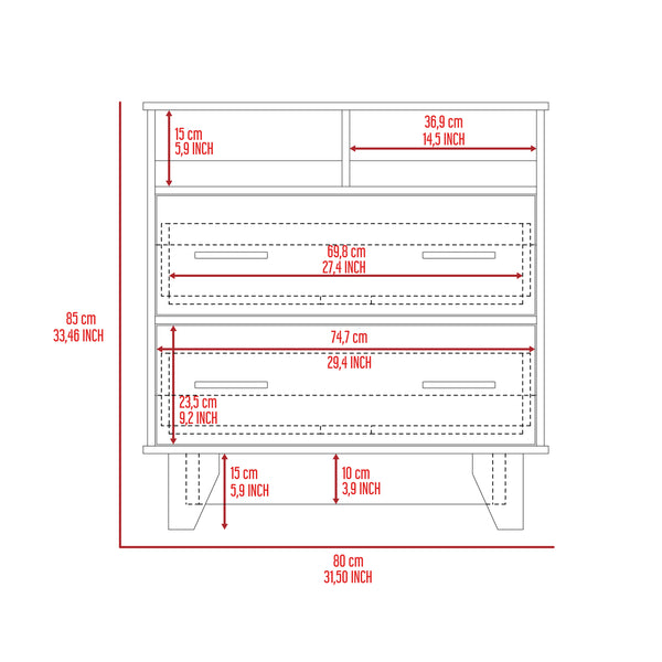 English Elm Portanova Modern Two-Drawer Dresser with Open Shelves and Raised Legs, Compact Superior Top Storage Black 35.8 L x 20.1 W x 4.7 H B200S00069