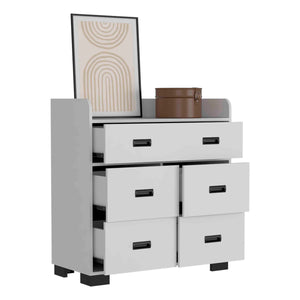 English Elm Alyn Mid-Century Dresser with Four Drawers and Double Drawer, Spacious Top, Metal Rails, Chic Design White 37 L x 20.5 W x 7 H B200S00002