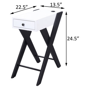 English Elm White Rectangular Side Table with Drawer and Dual USB Ports, X-Leg Accent for Modern Living Rooms White+Black B062P181408