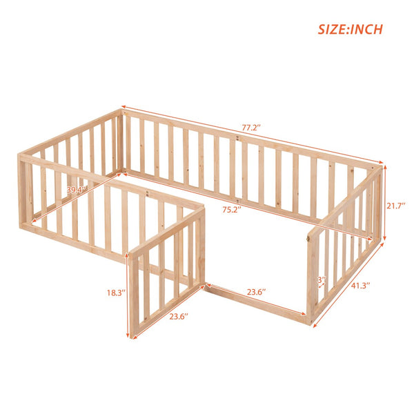 English Elm Twin Floor Bed Frame Pinewood Fence Enclosure with Door for Kids Bedroom Walnut Natural WF299299AAM