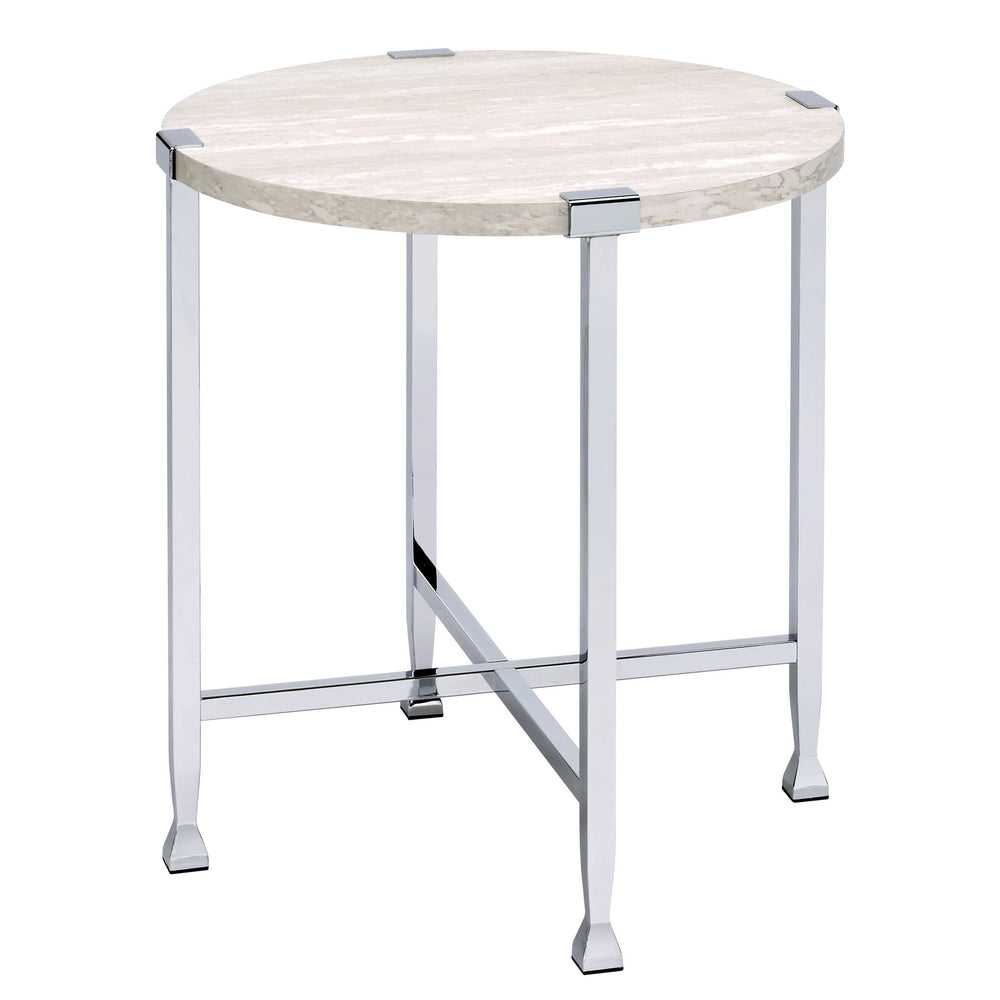 English Elm White Oak Chrome End Table with Round Top and X-Base — Industrial Chic, Sturdy Metal Frame, 24.5" B062P181389