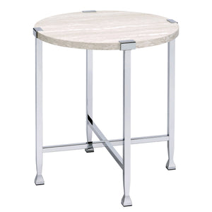English Elm White Oak Chrome End Table with Round Top and X-Base — Industrial Chic, Sturdy Metal Frame, 24.5" B062P181389