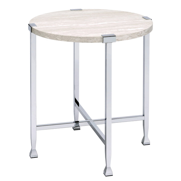 English Elm White Oak Chrome End Table with Round Top and X-Base — Industrial Chic, Sturdy Metal Frame, 24.5" B062P181389