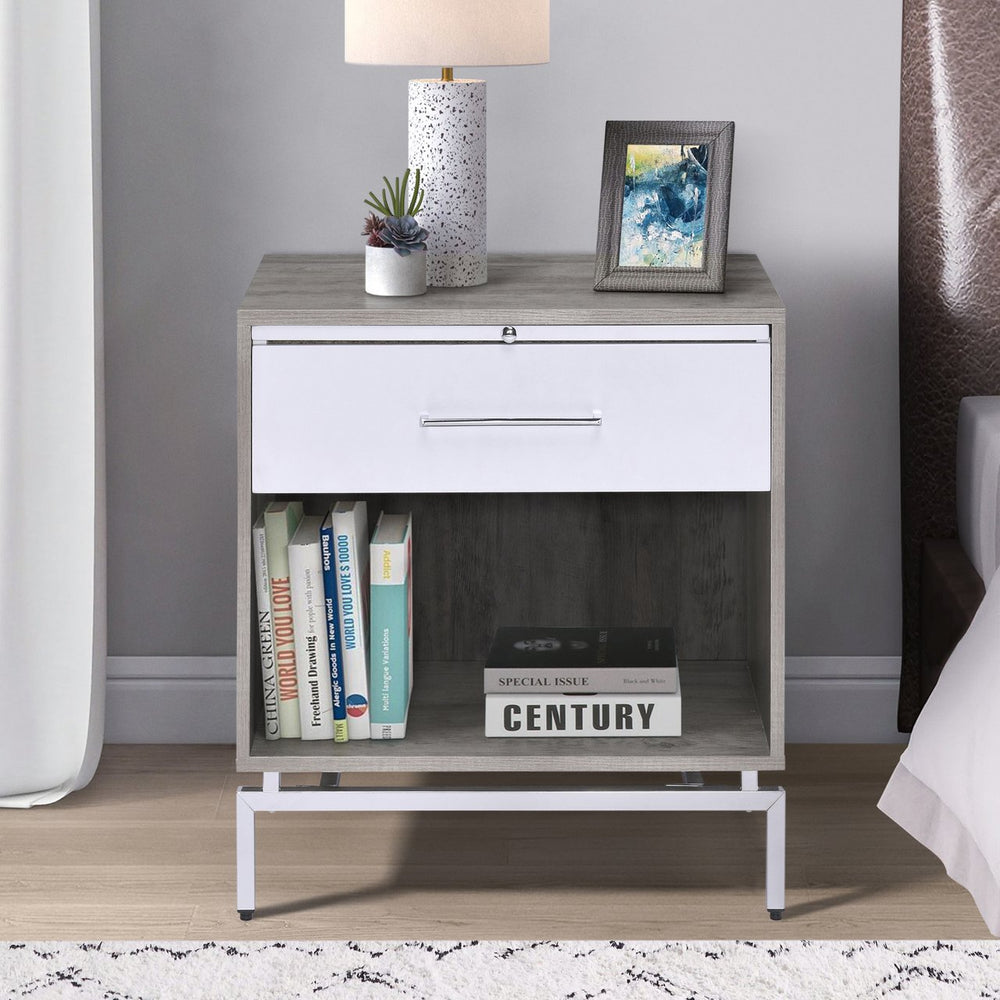 English Elm Weathered Weathered Grey Oak Accent Table with Drawer, Pull-Out Tray & Metal Base for Stylish Storage B062P181407