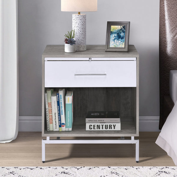 English Elm Weathered Weathered Grey Oak Accent Table with Drawer, Pull-Out Tray & Metal Base for Stylish Storage B062P181407