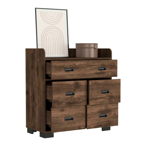 English Elm Alyn Four-Leg Dresser with One Double Drawer and Four Singles, Superior Top, Metal Rails, Chic Storage Brown 37 L x 20.5 W x 7 H B070S00001