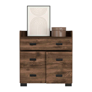 English Elm Alyn Mid-Century Dresser with Four Drawers and Double Drawer, Spacious Top, Metal Rails, Chic Design Brown 37 L x 20.5 W x 7 H B200S00001