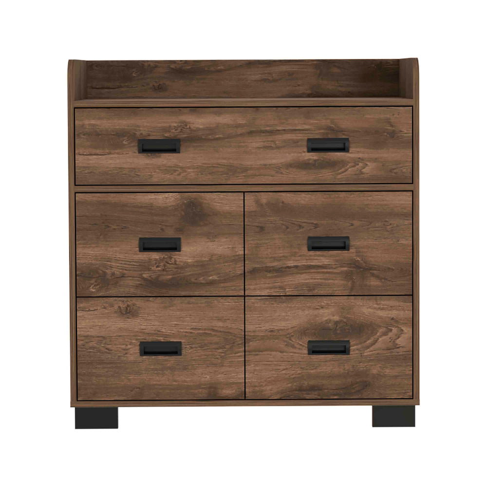 English Elm Alyn Mid-Century Dresser with Four Drawers and Double Drawer, Spacious Top, Metal Rails, Chic Design Brown 37 L x 20.5 W x 7 H B200S00001