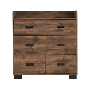 English Elm Alyn Mid-Century Dresser with Four Drawers and Double Drawer, Spacious Top, Metal Rails, Chic Design Brown 37 L x 20.5 W x 7 H B200S00001