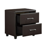 English Elm Contemporary Design 1 Piece Bedroom Furniture Two Drawers Nightstand Silver Tone Bar Pulls Faux Leather Upholstery, Dark Brown Pvc