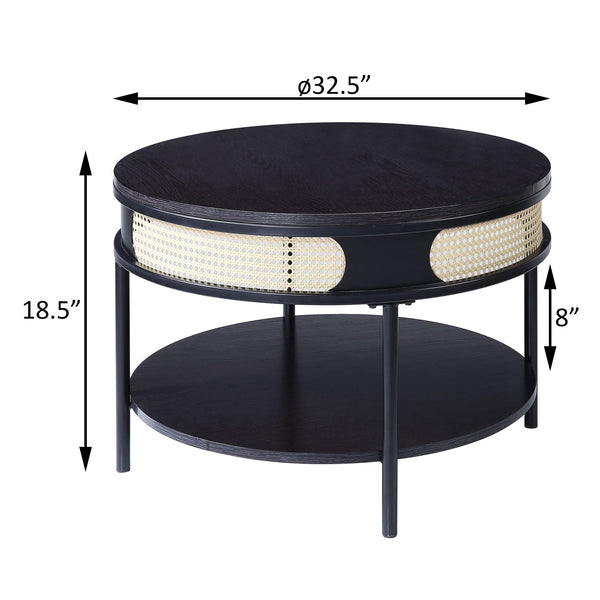 English Elm Black Round Night Table with Rattan Insert, Wooden Top & Metal Legs — Cozy Modern Industrial Bedside Accent B062P181420