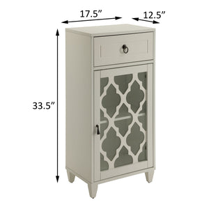 English Elm White Glass Door Side Table with Drawer, Compact White MDF Cabinet on Tapered Wooden Legs for Decor Display and Storage B062P181405