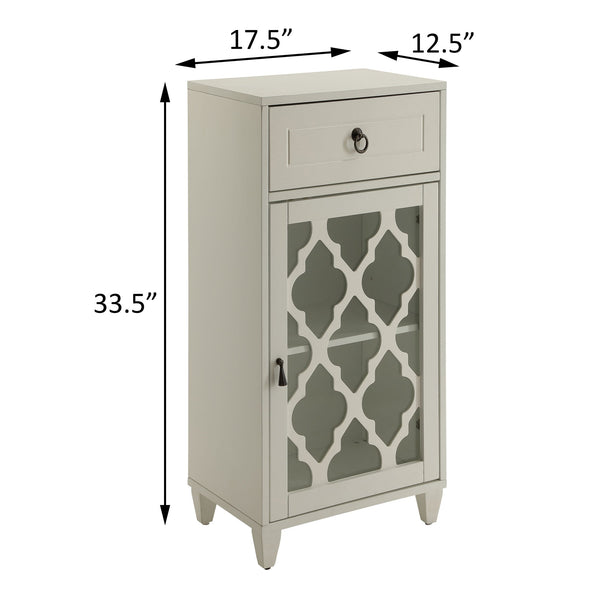 English Elm White Glass Door Side Table with Drawer, Compact White MDF Cabinet on Tapered Wooden Legs for Decor Display and Storage B062P181405