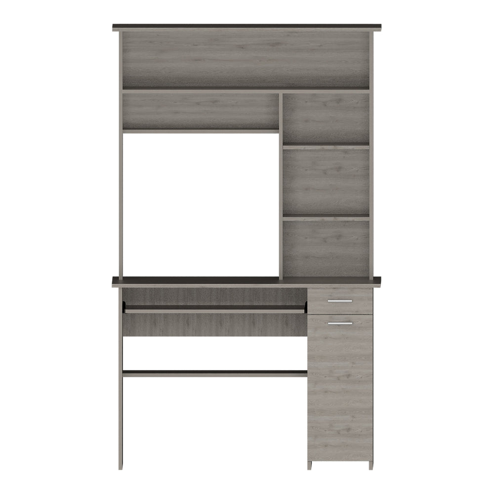 English Elm Compu 180 Hutch Desk With Shelves, Drawer & Keyboard Tray - Efficient Light Gray Workspace Solution B070S00007
