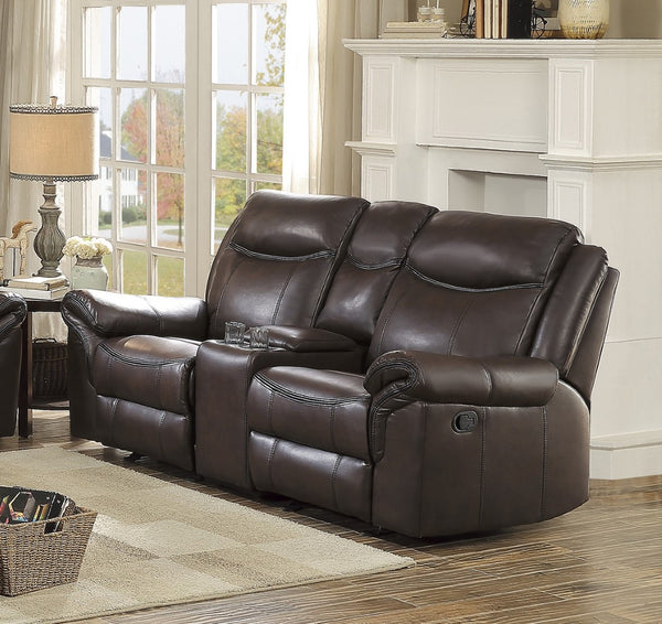 English Elm Dark Brown Faux Leather Reclining Loveseat with Gliders Console and Usb Charging B011P183626