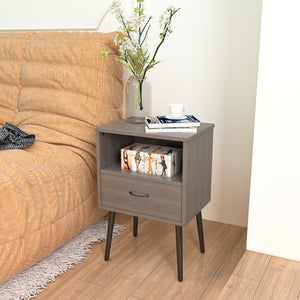 English Elm Two Grey Oak Nightstands with Drawer and Open Shelf for Modern Bedroom Spaces W578108566