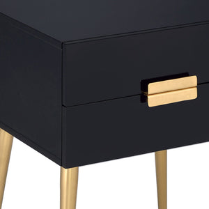 English Elm Black Black and Gold Side Table with 2 Drawer — Compact Glam Nightstand with Gold Tapered Legs, Storage Elegance B062P181391