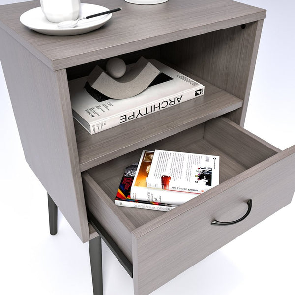 English Elm Two Grey Oak Nightstands with Drawer and Open Shelf for Modern Bedroom Spaces W578108566