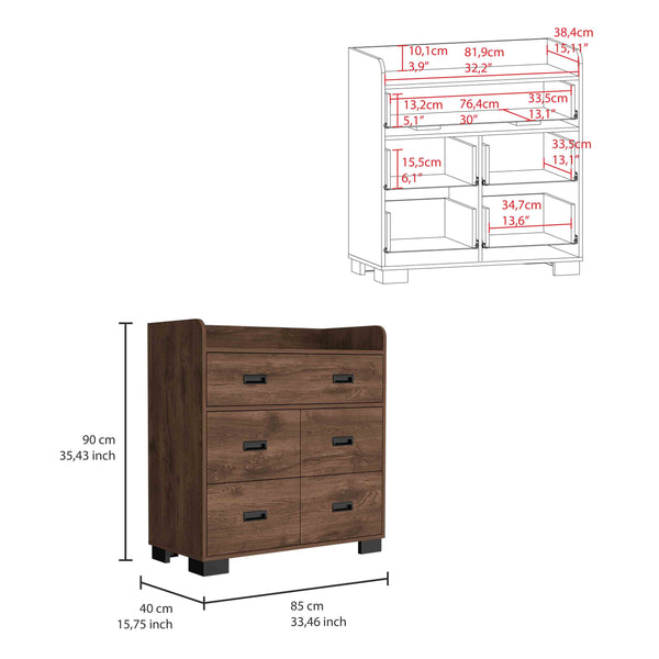 English Elm Alyn Mid-Century Dresser with Four Drawers and Double Drawer, Spacious Top, Metal Rails, Chic Design Brown 37 L x 20.5 W x 7 H B200S00001
