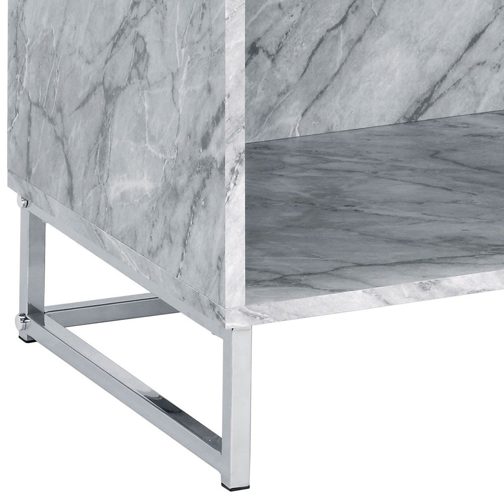 English Elm White Faux Marble Chrome Accent Table with Drawer & Shelf, 25.5"H Modern Storage Nightstand B062P181410
