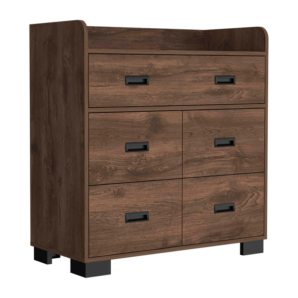 English Elm Alyn Mid-Century Dresser with Four Drawers and Double Drawer, Spacious Top, Metal Rails, Chic Design Brown 37 L x 20.5 W x 7 H B200S00001