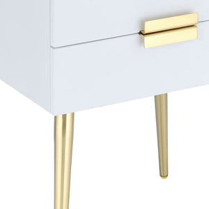 English Elm White Side Table with Two Drawers and Gold-Tapered Legs — Compact Nightstand for Glam Living Spaces White+Gold B062P181392