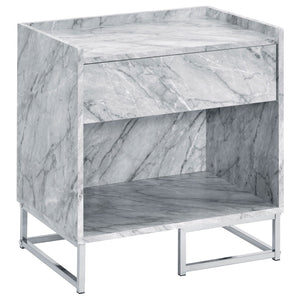 English Elm White Faux Marble Chrome Accent Table with Drawer & Shelf, 25.5"H Modern Storage Nightstand B062P181410