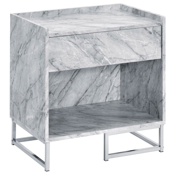 English Elm White Faux Marble Chrome Accent Table with Drawer & Shelf, 25.5"H Modern Storage Nightstand B062P181410