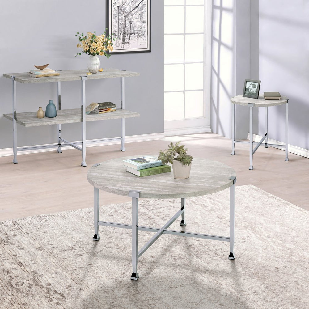 English Elm White Oak Chrome End Table with Round Top and X-Base — Industrial Chic, Sturdy Metal Frame, 24.5" B062P181389