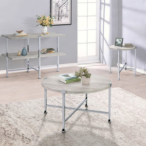 English Elm White Oak Chrome End Table with Round Top and X-Base — Industrial Chic, Sturdy Metal Frame, 24.5" B062P181389