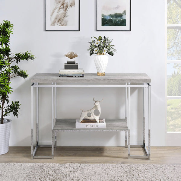 English Elm Natural Oak Chrome Sofa Table with Open Shelf, Industrial Metal Apron Trim, Sleek Modern Console B062P181393