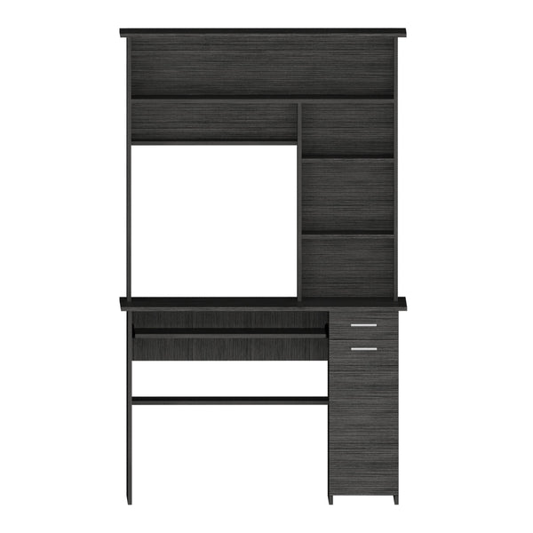English Elm Compu 180 Hutch Desk: Stylish Grey Oak Workspace With Shelves, Drawer, And Retractable Keyboard Tray B070S00008