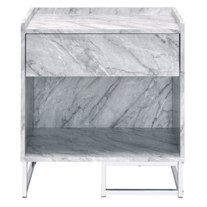 English Elm White Faux Marble Chrome Accent Table with Drawer & Shelf, 25.5"H Modern Storage Nightstand B062P181410