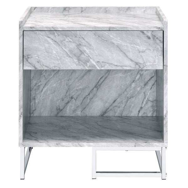 English Elm White Faux Marble Chrome Accent Table with Drawer & Shelf, 25.5"H Modern Storage Nightstand B062P181410