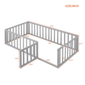 English Elm Twin Floor Bed Frame Pinewood Fence Enclosure with Door for Kids Bedroom Walnut Gray WF299299AAE