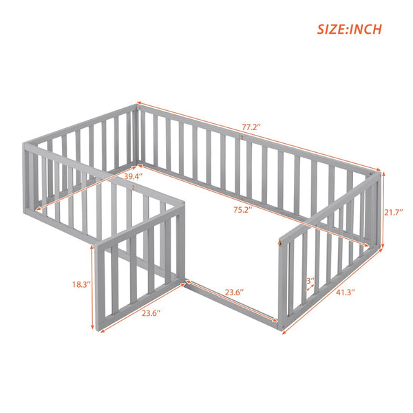English Elm Twin Floor Bed Frame Pinewood Fence Enclosure with Door for Kids Bedroom Walnut Gray WF299299AAE