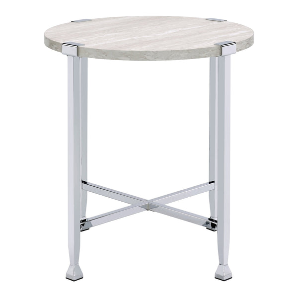 English Elm White Oak Chrome End Table with Round Top and X-Base — Industrial Chic, Sturdy Metal Frame, 24.5" B062P181389