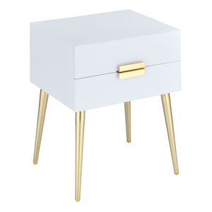 English Elm White Side Table with Two Drawers and Gold-Tapered Legs — Compact Nightstand for Glam Living Spaces White+Gold B062P181392