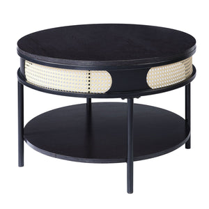 English Elm Black Round Night Table with Rattan Insert, Wooden Top & Metal Legs — Cozy Modern Industrial Bedside Accent B062P181420
