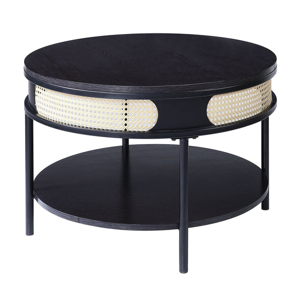English Elm Black Round Night Table with Rattan Insert, Wooden Top & Metal Legs — Cozy Modern Industrial Bedside Accent B062P181420