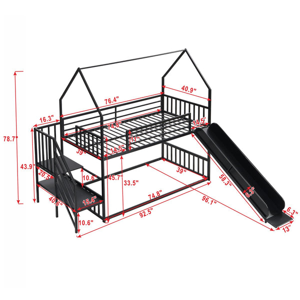 English Elm Twin Metal Bunk Bed House with Slide & Staircase, Black — Space-Saving Twin Loft, Sturdy Metal/MDF Fun Room GX001117AAB