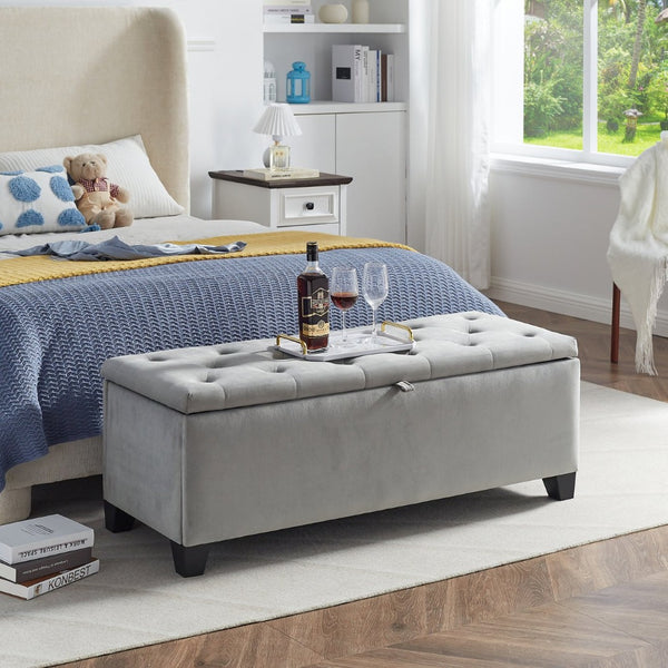 English Elm 1228 Grey Fabric Storage Ottoman with Hinged Lid Foam Seat for Living Room W2082P176550