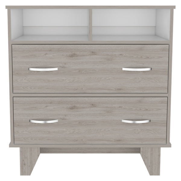 English Elm Portanova Modern Two-Drawer Dresser with Open Shelves and Raised Legs, Compact Superior Top Storage Gray 37 L x 21.3 W x 5.1 H B200S00070