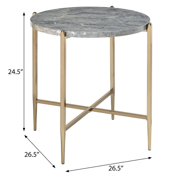 English Elm Grey Faux Marble End Table with Champagne Legs — Chic Modern Accent Table for Living Room Décor, 26.5" Wide B062P181390