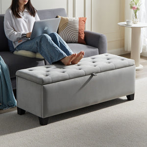 English Elm 1228 Grey Fabric Storage Ottoman with Hinged Lid Foam Seat for Living Room W2082P176550