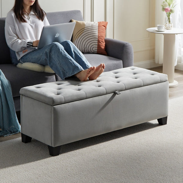 English Elm 1228 Grey Fabric Storage Ottoman with Hinged Lid Foam Seat for Living Room W2082P176550