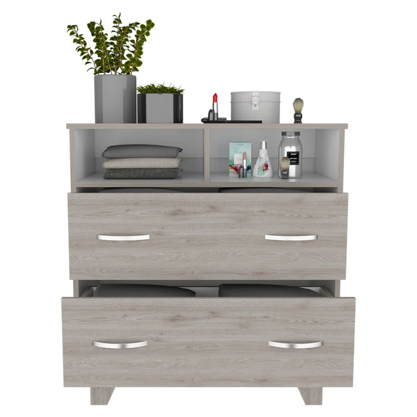 English Elm Portanova Modern Two-Drawer Dresser with Open Shelves and Raised Legs, Compact Superior Top Storage Gray 37 L x 21.3 W x 5.1 H B200S00070