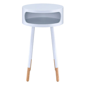 English Elm White Side Table with Two Drawers and Gold-Tapered Legs — Compact Nightstand for Glam Living Spaces White B062P181426